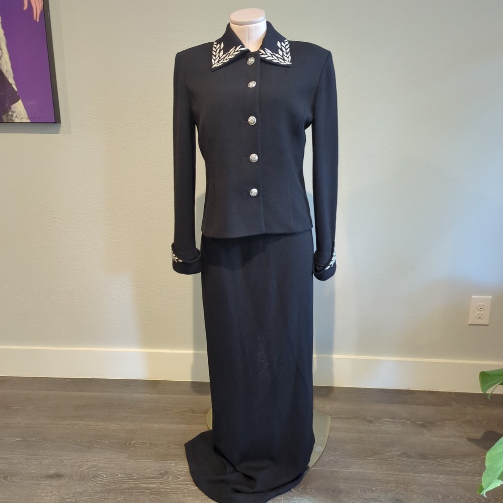 Vtg St. John Evening by Marie Gray Black Santana Knit Dress Jacket Set 6/8 USA